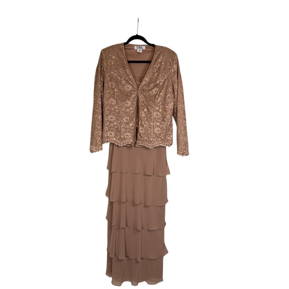Patra Women's 2 Piece Floral Lace Jacket Layered Maxi Dress Size 12 Taupe NWOT